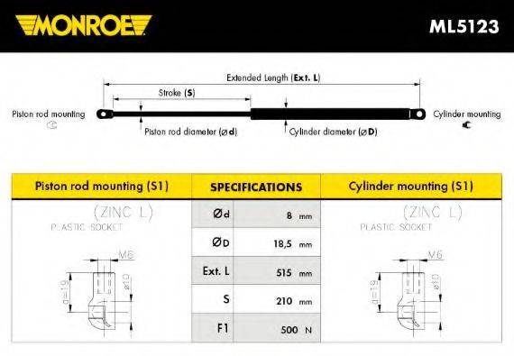 Газова пружина, кришка багажника MONROE ML5123