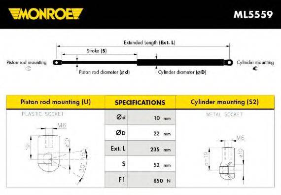 Газова пружина, капот MONROE ML5559