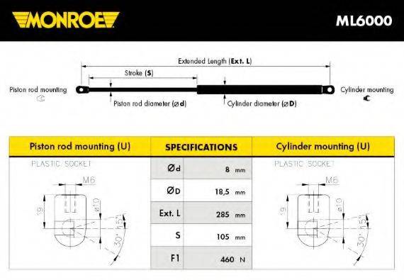 Газова пружина, капот MONROE ML6000