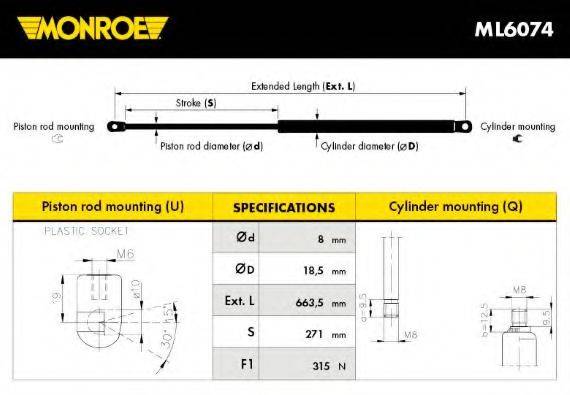 Газова пружина, капот MONROE ML6074