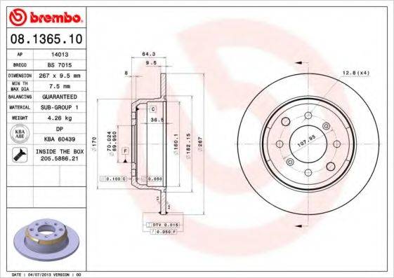 гальмівний диск BREMBO 08.1365.10