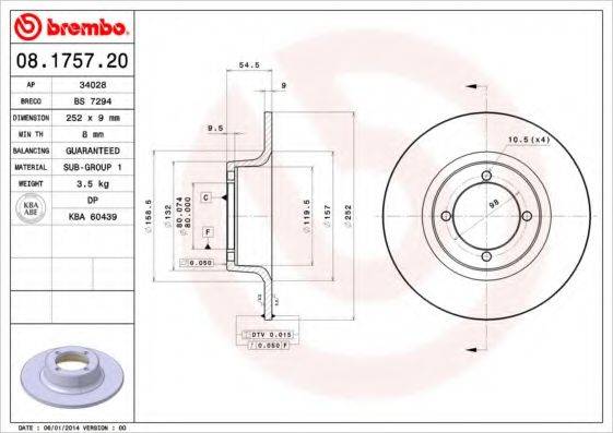 гальмівний диск BREMBO 08.1757.20