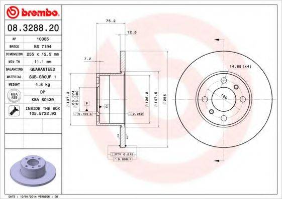 гальмівний диск BREMBO 08.3288.20