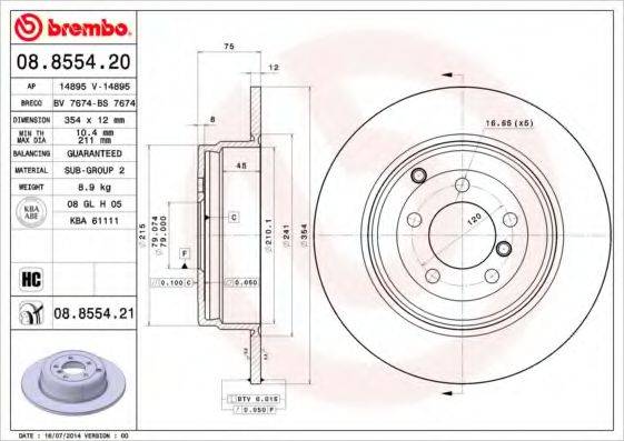 гальмівний диск BREMBO 08.8554.21