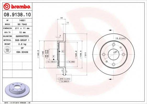 гальмівний диск BREMBO 08.9138.10