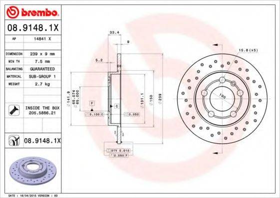 гальмівний диск BREMBO 08.9148.1X