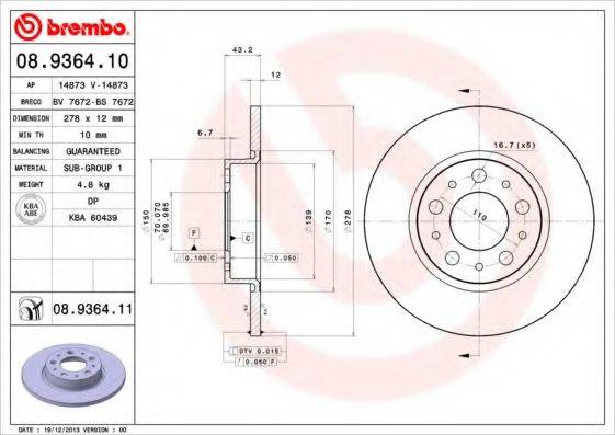 гальмівний диск BREMBO 08.9364.11