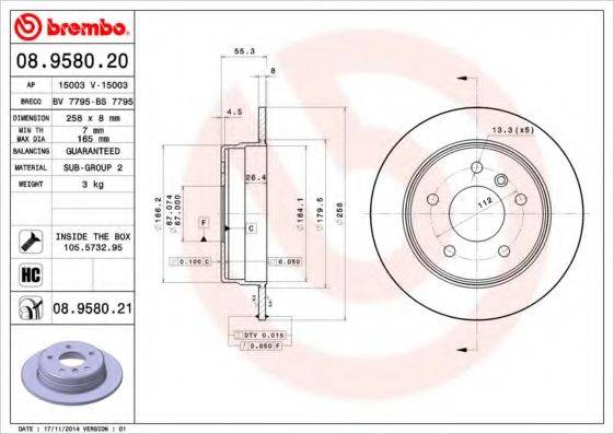 гальмівний диск BREMBO 08.9580.20