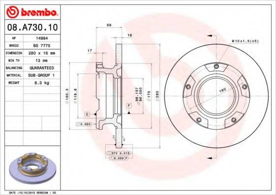 гальмівний диск BREMBO 08.A730.10