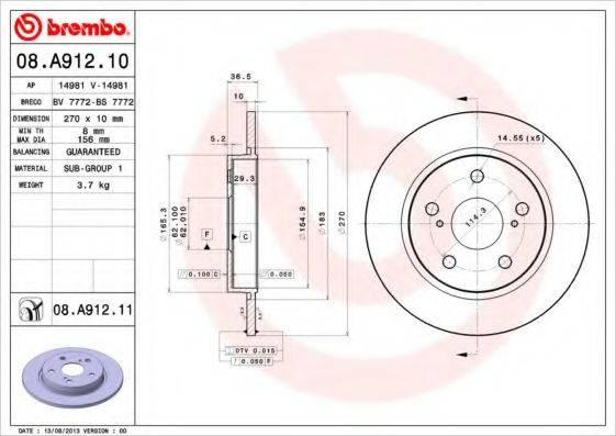 гальмівний диск BREMBO 08.A912.10