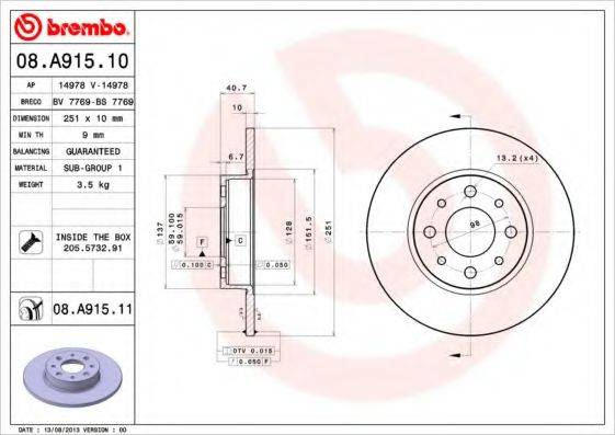 гальмівний диск BREMBO 08.A915.11