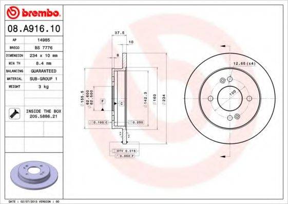 гальмівний диск BREMBO 08.A916.10