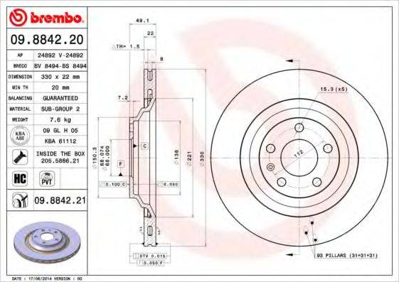 гальмівний диск BREMBO 09.8842.21