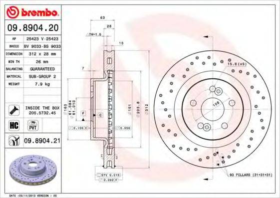 гальмівний диск BREMBO 09.8904.21