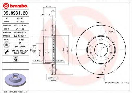 гальмівний диск BREMBO 09.8931.20