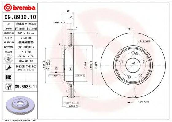 гальмівний диск BREMBO 09.8936.11