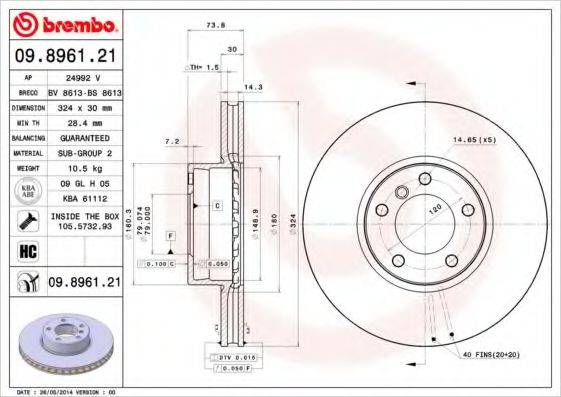 гальмівний диск BREMBO 09.8961.21