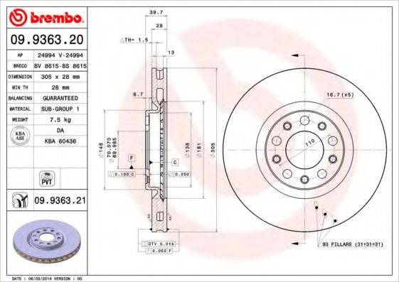 гальмівний диск BREMBO 09.9363.20