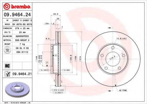 гальмівний диск BREMBO 09.9464.21