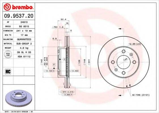 гальмівний диск BREMBO 09.9537.20