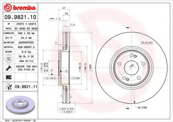 гальмівний диск BREMBO 09.9821.11