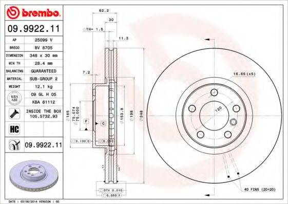 гальмівний диск BREMBO 09.9922.11