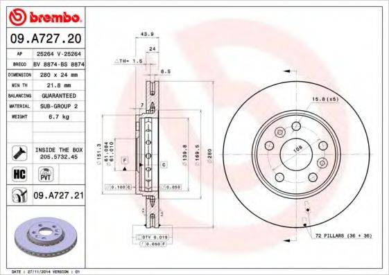 гальмівний диск BREMBO 09.A727.21