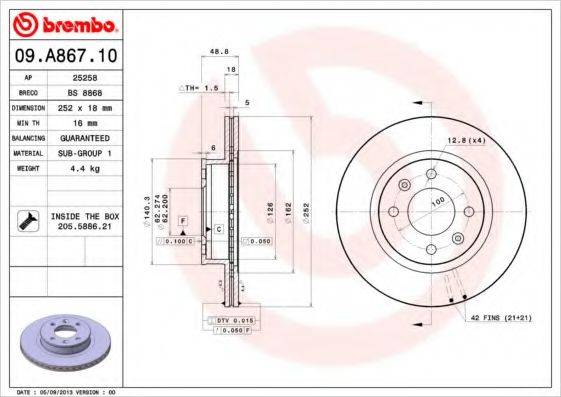 гальмівний диск BREMBO 09.A867.10