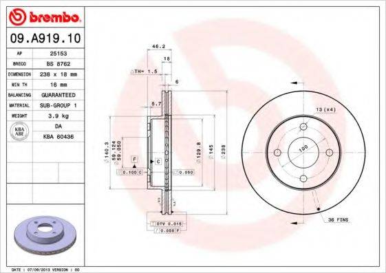 гальмівний диск BREMBO 09.A919.10