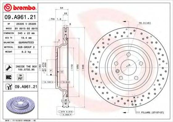 гальмівний диск BREMBO 09.A961.21