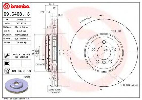 гальмівний диск BREMBO 09.C408.13